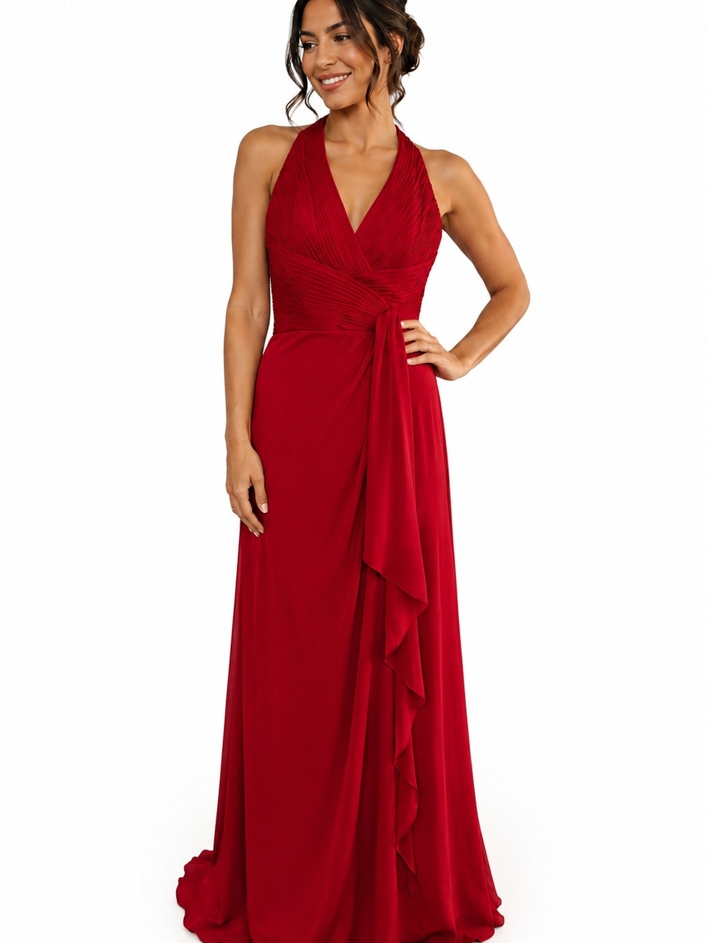 Red Halter Pleated Gown